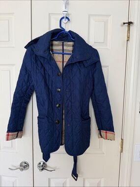 Burberry Navy Quilted Women's Puffer Jacket with Check Lining